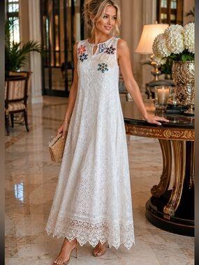 New Johnny Was White Eyelet Maxi Dress with Multicolor Floral Appliqué size S
